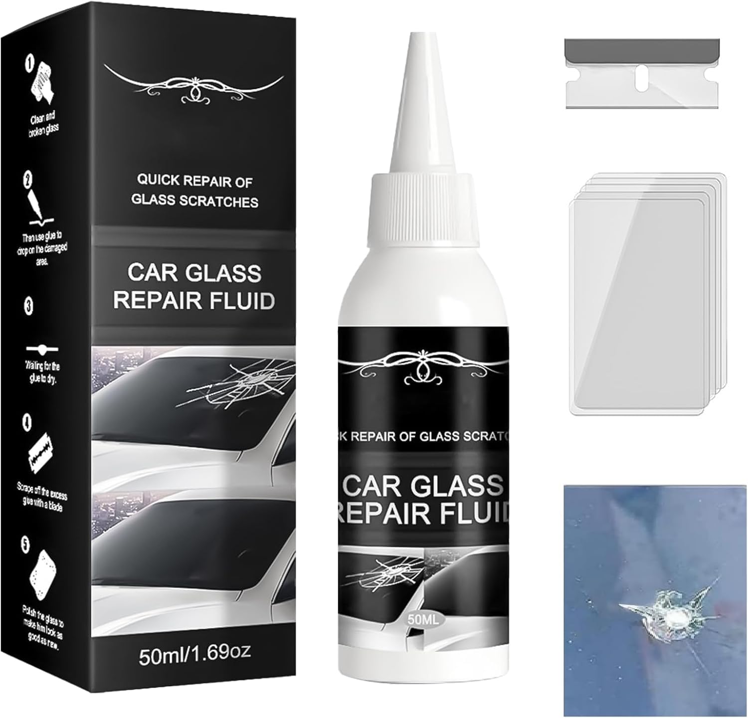 Nano Glass Repair Fluid, Car Glass Repair Fluid, Car Windscreen Repair Kit, Window Glass Crack Repair Liquid Windscreen Repair Kit for Fixing Chips, Star-Shaped Cracks (50ml)