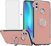 Phone Case for Huawei P Smart 2019 with Tempered Glass Screen Protector Cover and Stand Ring Holder Slim Hybrid Hard Cell Accessories Kickstand Protective Hwauei Hawaii P Smart 2019 Cases Rose Gold