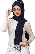 AMOLDO Women's Winter Woolen Soft Warm Knitted Pearls Muffler Beanie Cap With Fur | Fleece Pearl Hat With Attached Scarf For Cold Weather