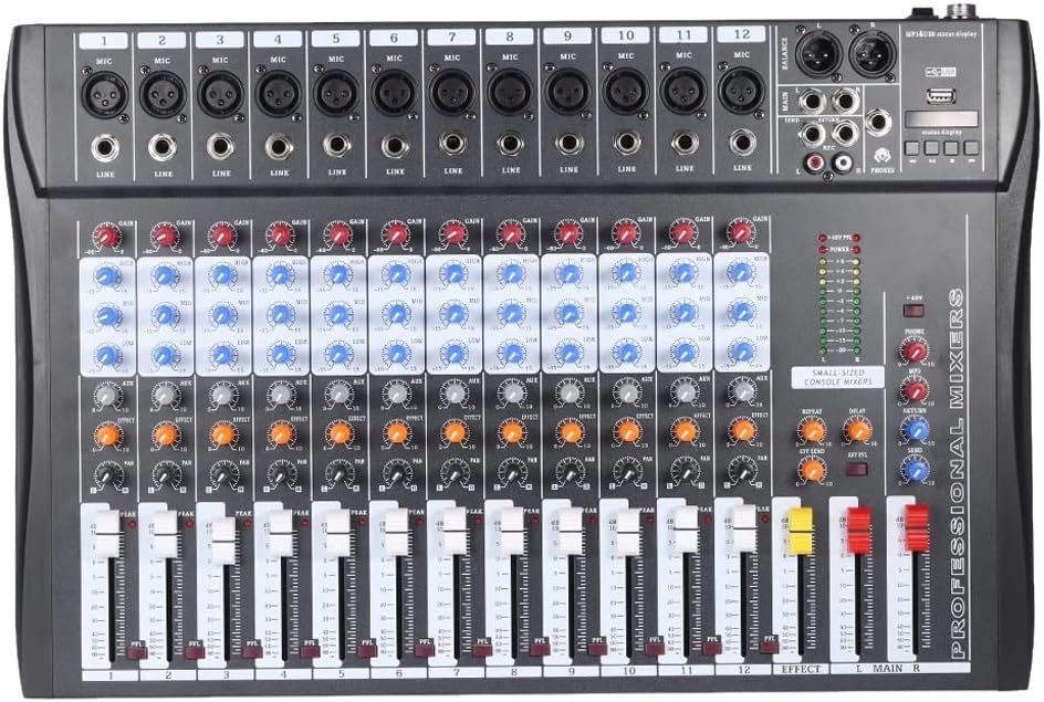 120S-USB12チャンネルマイクラインオーディオミキサーミキシングコンソールUSB XLR入力3バンドEQ48Vファンタム電源(