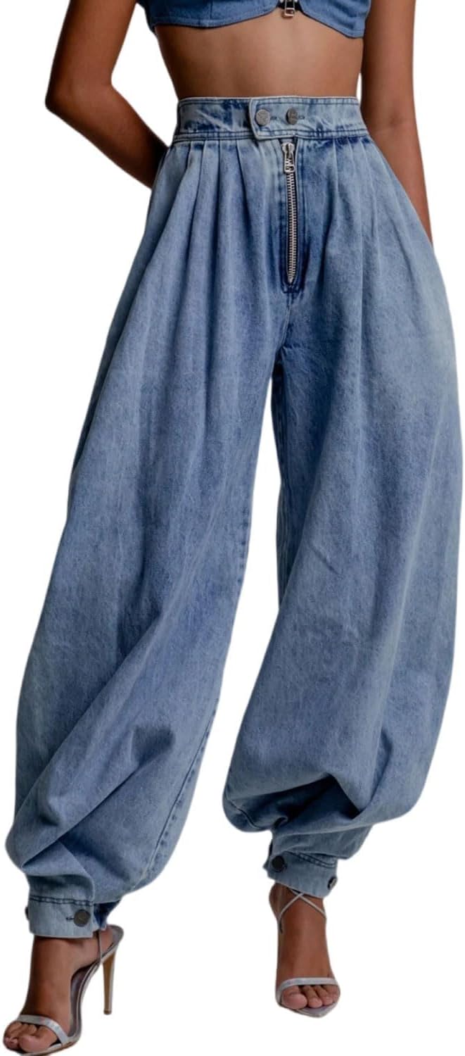 Women's High Waisted Elastic Waist Zipper Jeans Retro Wide Leg Harem Pants Balloon Fit Relaxed Tapered Pants