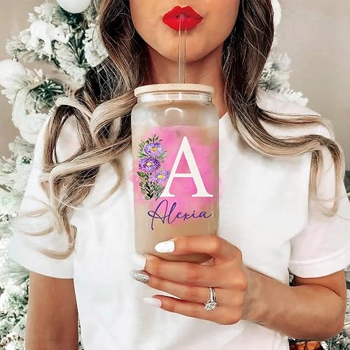 Miniatura 6 de Vaso personalizado con nombre, regalo para ella, vaso delgado de 20 onzas, vaso de vidrio personalizado con nombre floral, vaso de dama de honor,