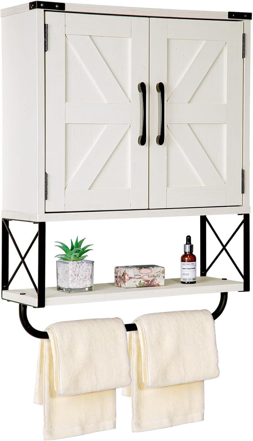 RUSTOWN Farmhouse Medicine Cabinet with 2 Barn Door, Wood Wall Mounted Storage Cabinet with Adjustable Shelf and Towel Bar, 3-Tier Bathroom Cabinet for Bathroom, Living Room(Vintage White, Medium)