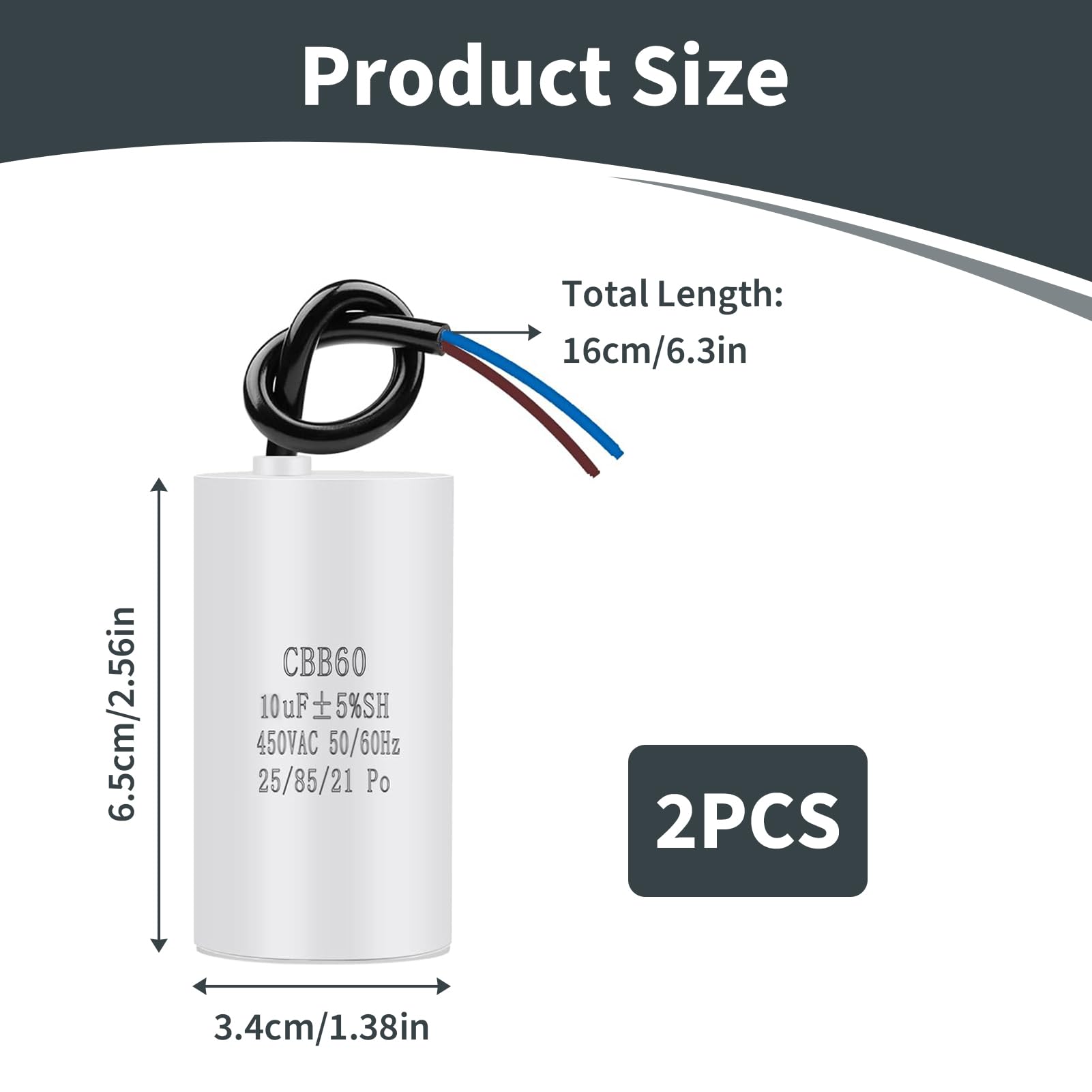 CBB60 25uf 450v 50/60Hz Condensador Arranque Motor 2 Piezas