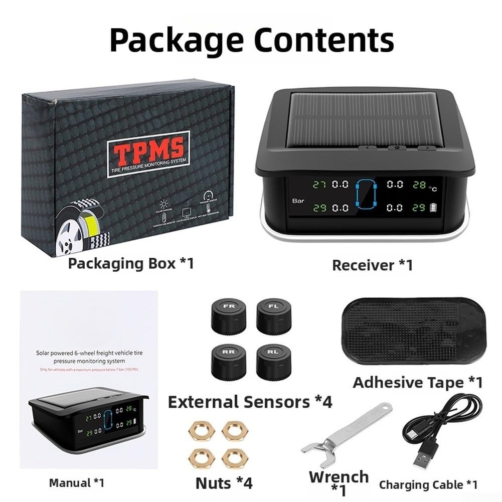 ReachMall Kabelloses TPMS Reifendruckkontrollsystem mit Echtzeit-Temperaturanzeige und Solarladeeinheit (externe 6 Räder)