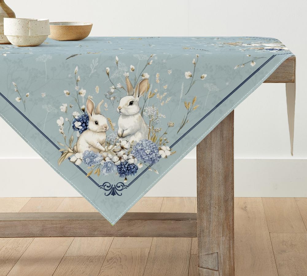 Artoid Mode Kapok Hortensien Kaninchen Hasen Ostern Tischdecke, Tischwäsche Frühling Küche Tisch Dekoration Drinnen Urlaub Party Dekor 100x100 cm