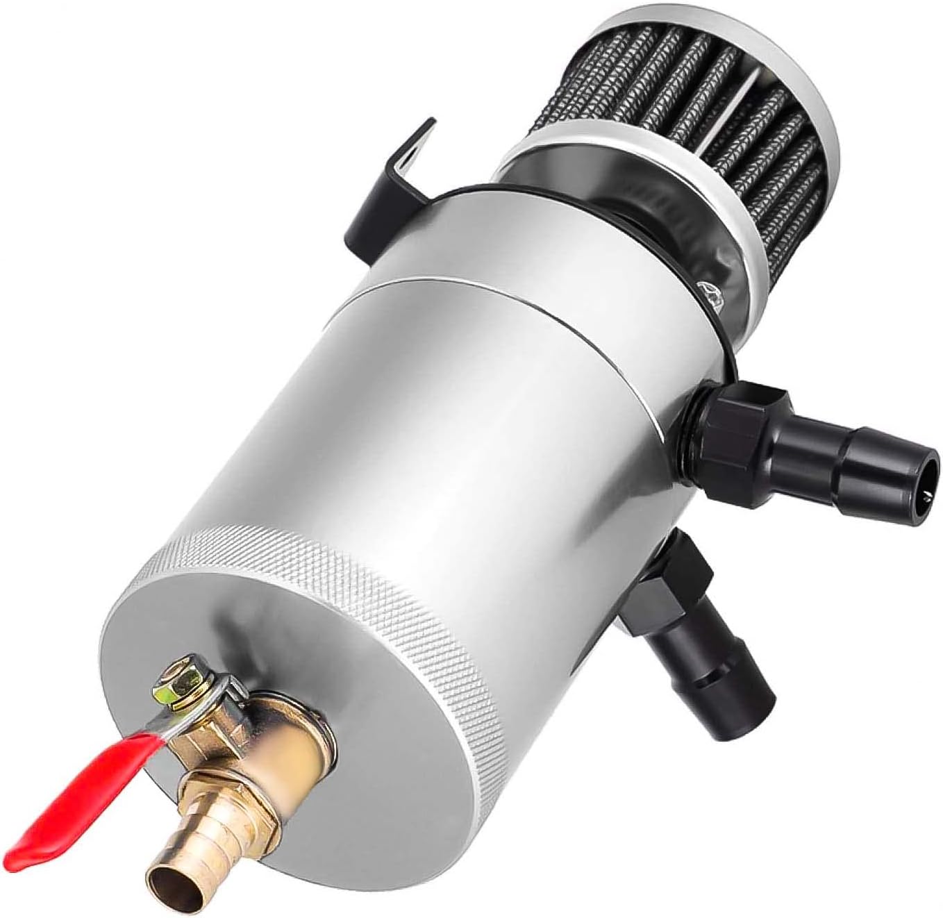 Universal Baffled Oil Catch Can with Breather Filter and Drain Valve 2 Ports (oulet + inlet),150ml Billet Aluminum Oil Separator Catch Can Oil Reservoir Tank,4 Adapters/Screws/Washers Included,Silver