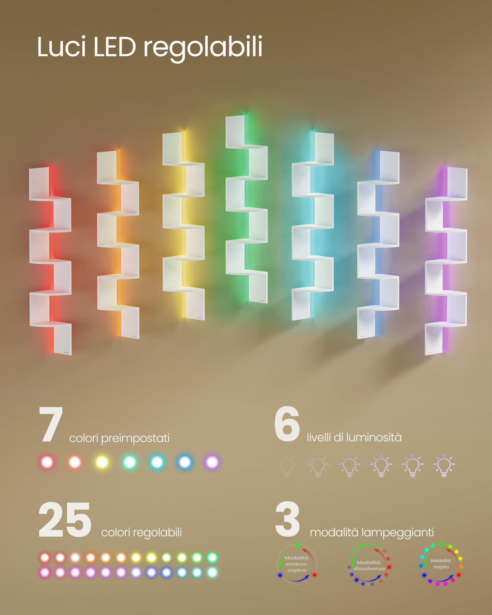 VASAGLE CUSTOS Collezione - Mensola Angolare da Parete con Luci LED RGB, Libreria a 5 Ripiani, per Piante, Camera da Letto, Soggiorno, Bagno, Ufficio, Pulsante e Telecomando, Bianco Nuvola LBC630W01