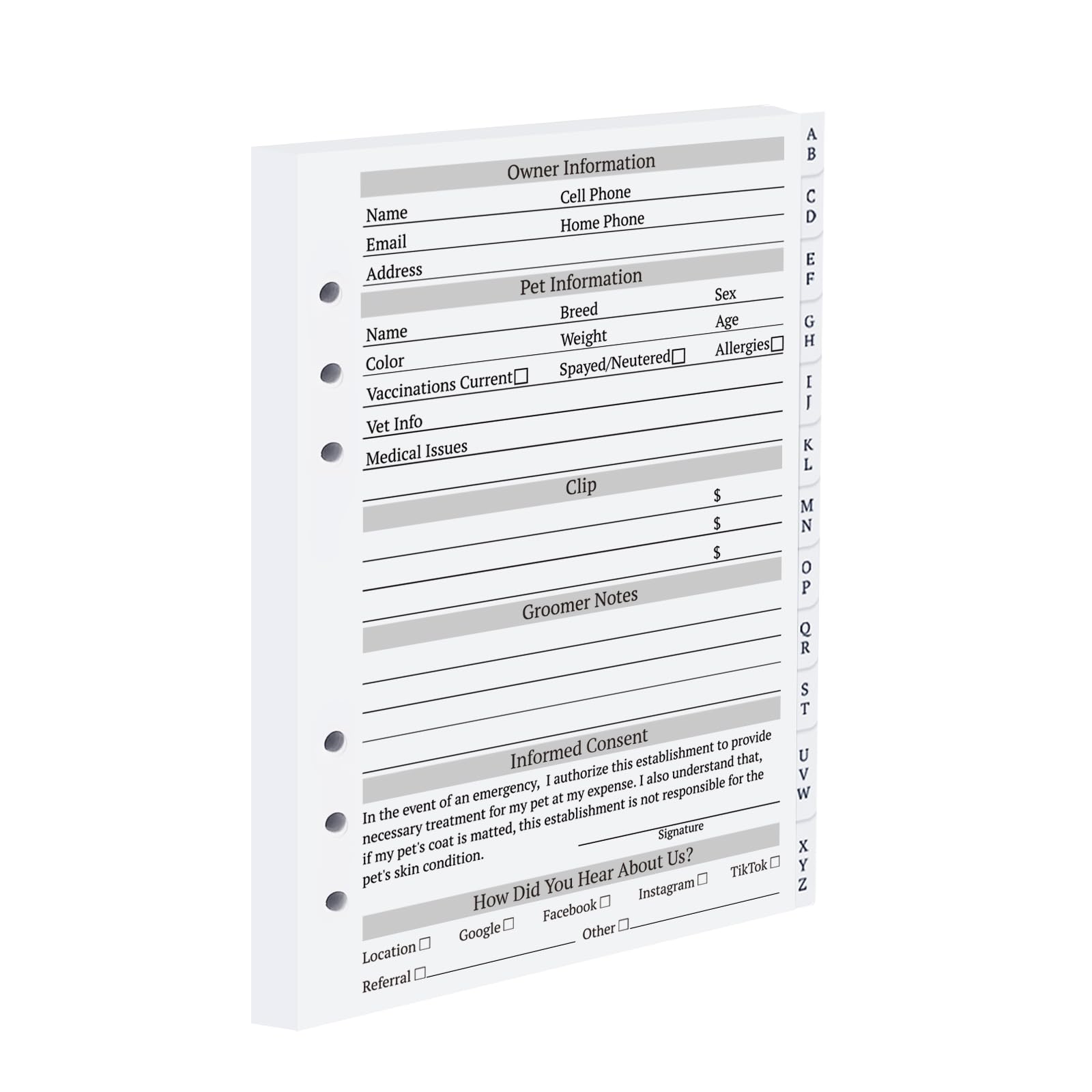 suituts Dog Grooming Cards, Pet Groomer Client Profile Binder Cards with Alphabetical Tabs and Pet Record Clip Cards for Dog and Cat Groomers, Kennel Care (200 Sheets, 5.6'' X 8.2''), (PB-007)