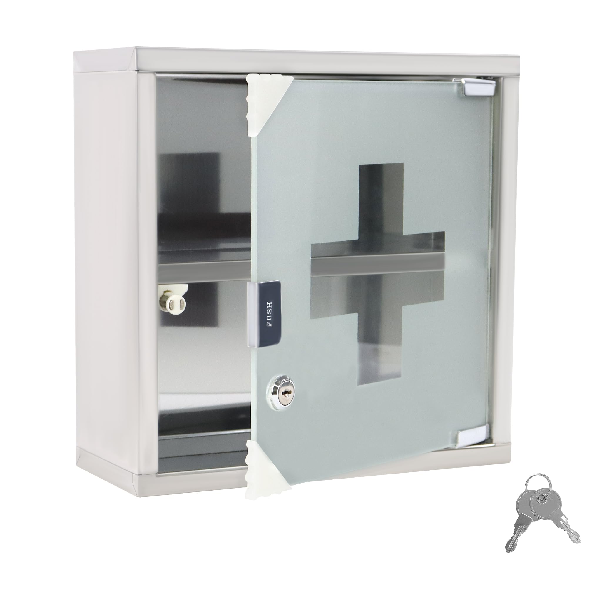 NAIZY Armoire À Pharmacie 2 Compartiments 30x12x30cm, Porte en Verre Dépoli Magnétique, 2 Clés, Verrouillable, Suspendue