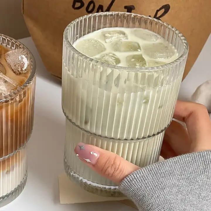 Image of WEZOSHINET Ribbed Heat Resistant Drinking Glasses Cup with Vertical Stripes Pattern for Iced Coffee Cups Whiskey Cocktail Beer Water Glasses for Home Party Bar (2Pcs /190 ML)