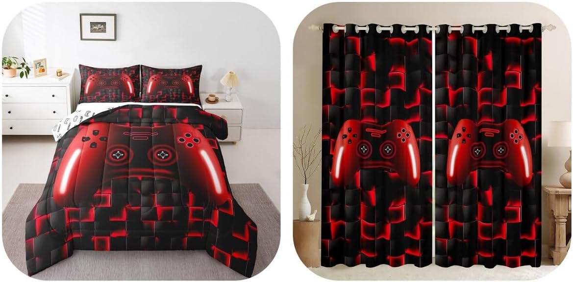 Erosebridal Red and Black Gaming Room Decor for Boys (1 Comforter 1 Pillow Case 2 Panels Curtains)
