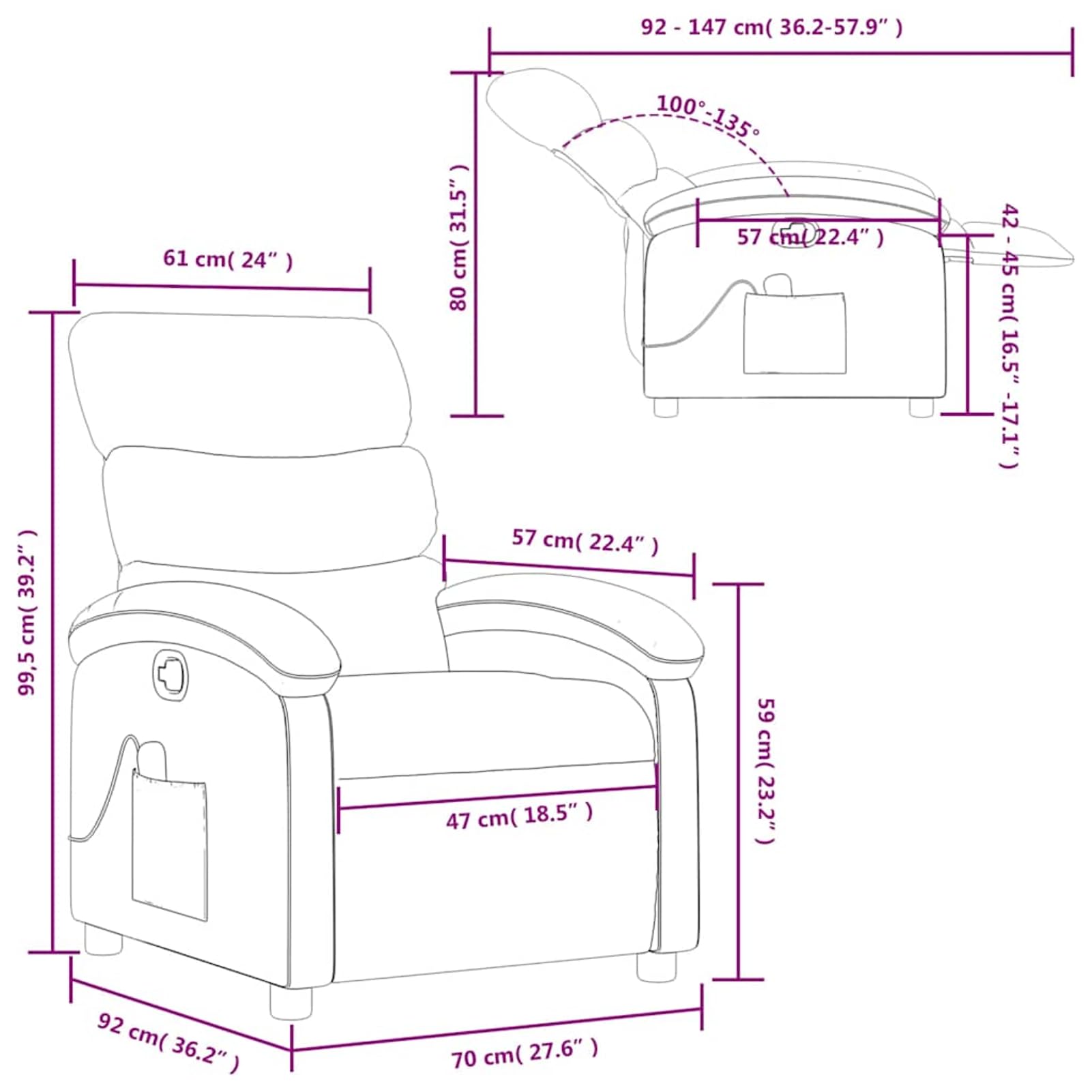 Fotel do masażu z funkcją masażu, kolor taupe – ergonomiczny fotel relaksacyjny, obicie z materiału, pozycja siedząca 70 x 92 x 99,5 cm/pozycja leżenia 70 x 147 x 80 cm, dla dorosłych