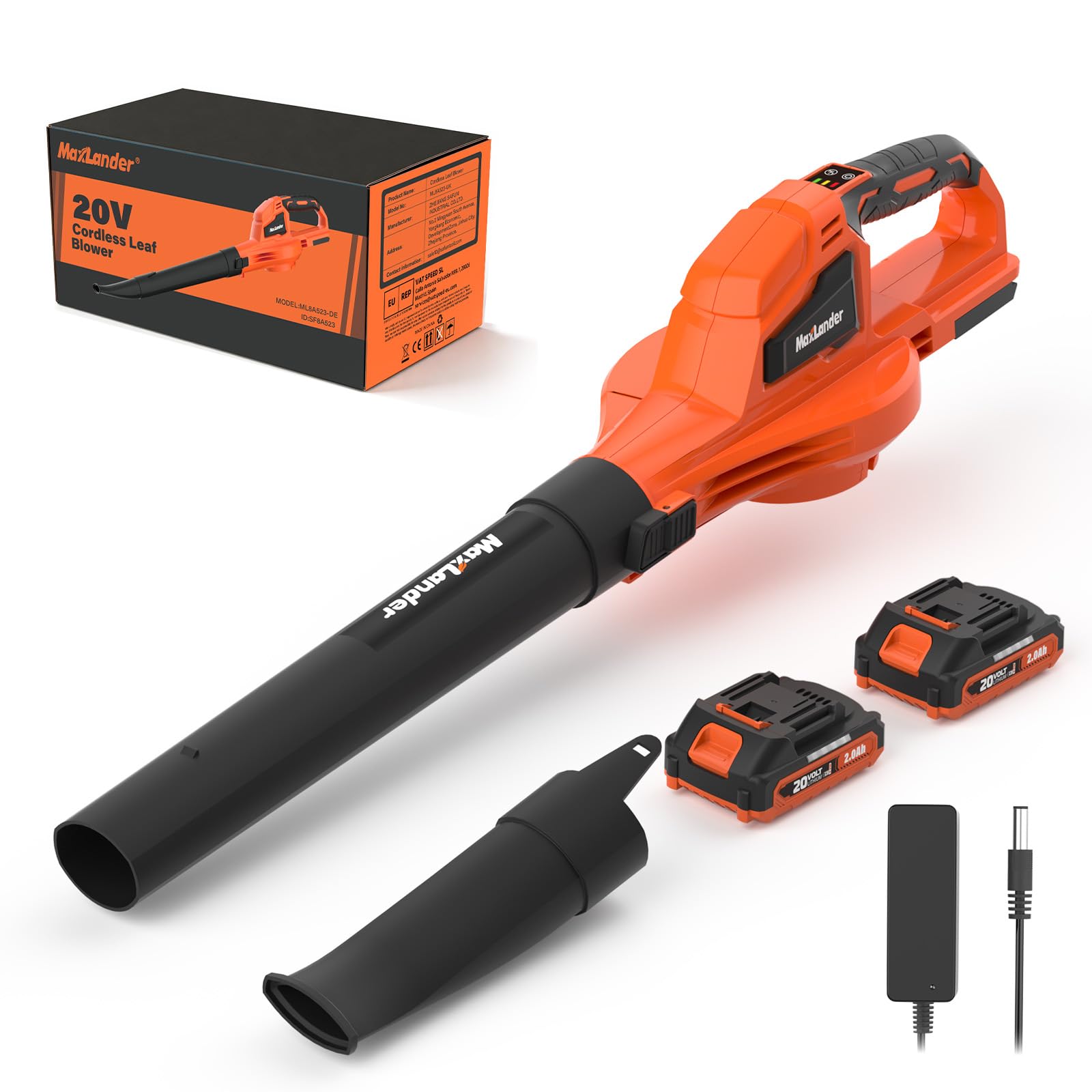 Maxlander Cordless Leaf Blower, leaf blower and vacuum with 2x2.0Ah Battery and Charger, Two-Speed Mode, garden Air Blowers for Lawn Care, Debris Dust Cleaning