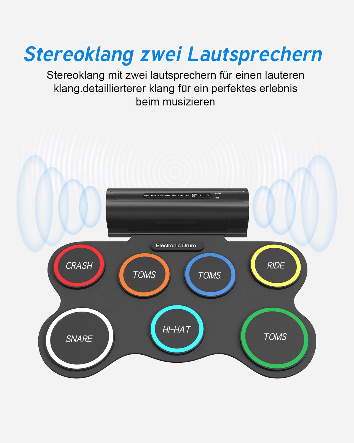 Schlagzeug Elektronisch, 7 Pads Faltbares Elektronisches Schlagzeug mit Drumsticks und Dual Speakers, Farbe Tragrbares Elektrische Drum set für Kinder, Anfänger Geburtstag und Geschenk