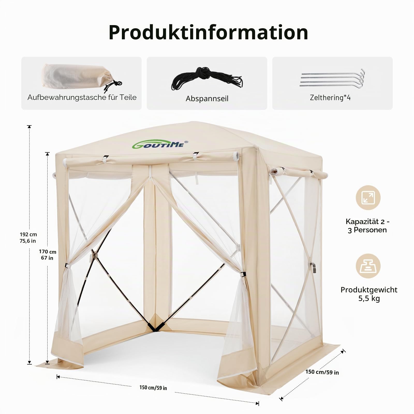 Goutime Falt- & Pop-Up-Pavillon 1,5 x 1,5 m, wasserfest mit Fliegengitter