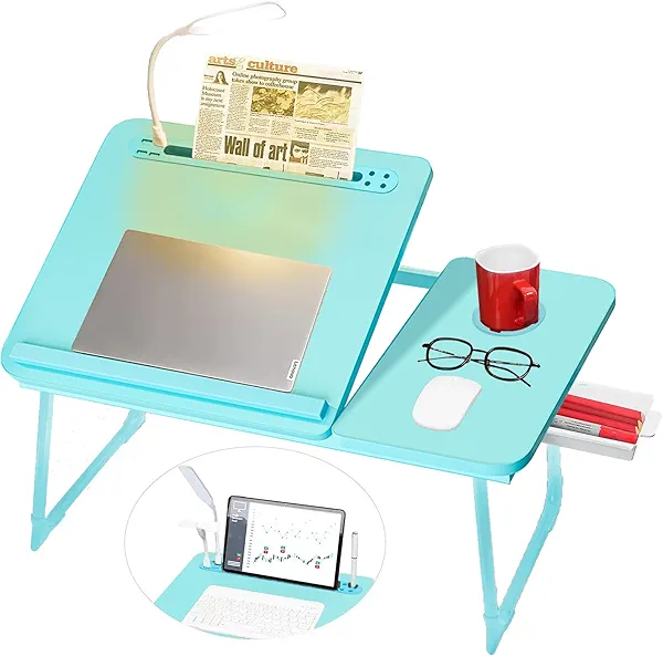 CloudTrip Plus XL Adjustable Laptop Desk with Light, USB Port, iPad Holder, Drawer Storage - Larger 23.6IN Adjustable Lap Desk for Bed, Home Office, Breakfast Tray, Fordable Legs Desk (Blue)