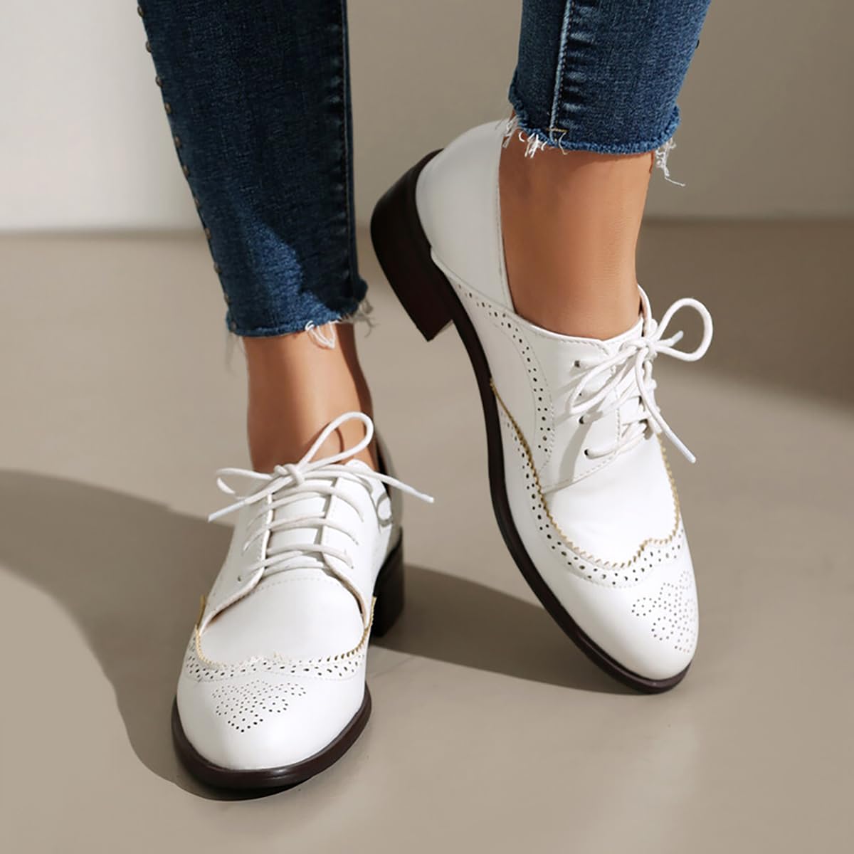 Scarpe Oxford Wingtip Donna Tacco Blocco Scollatura Bassa Stringate