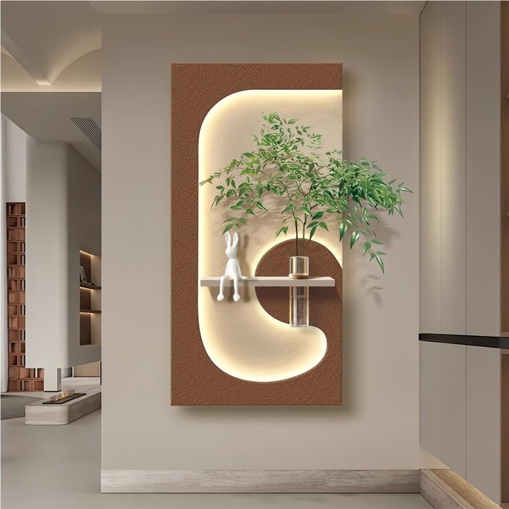 3D Vision Wall Art Decor with Led Light, Creative Sandstone Painting with Vase and Artificial Plant, Plug-in Power Supply 3D Wall Mural for Home, Restaurant, Hotel (No...