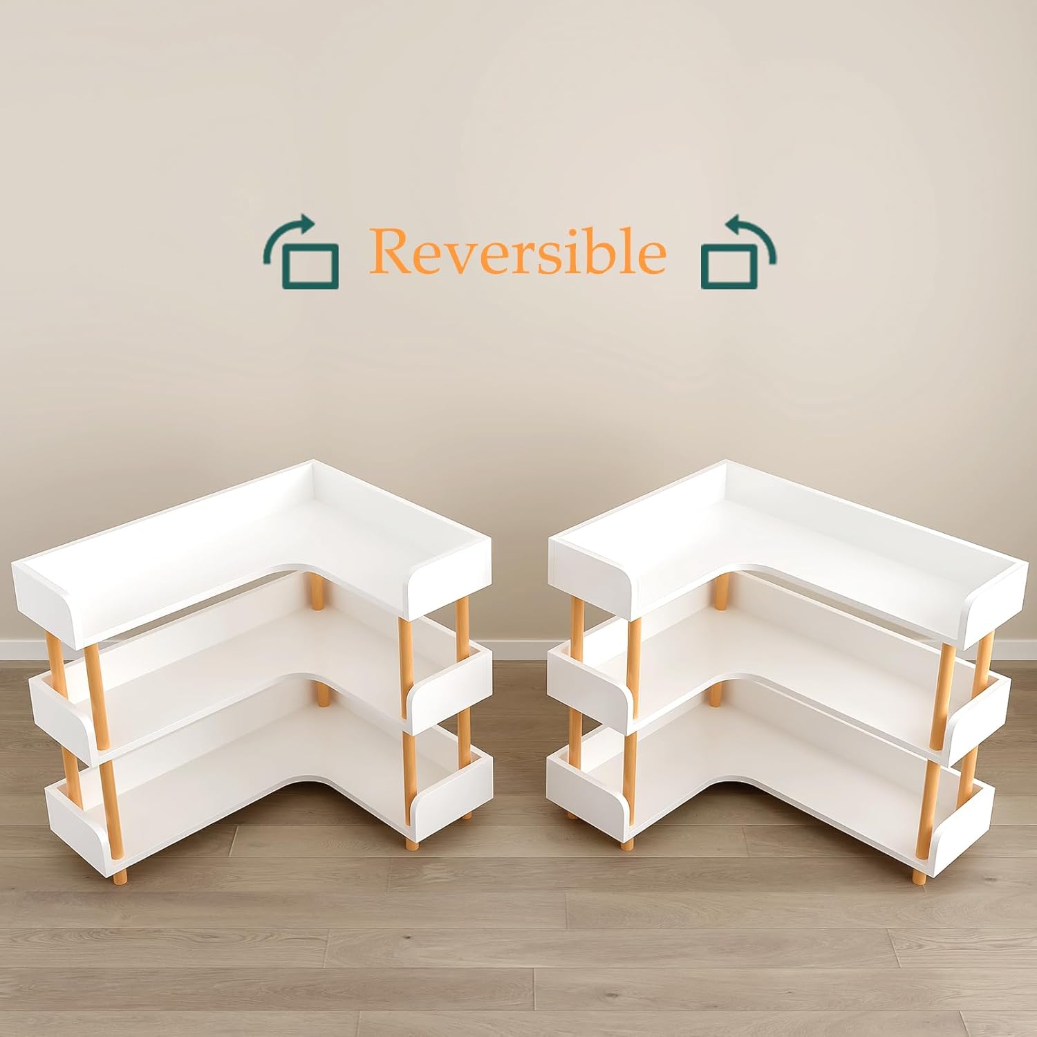 OSCHF Wooden Reversible Corner Bookshelf - Modern 3 Tiers L-Shaped Bookcase with Solid Wood Frame and Edge Protection for Home and Office, Open Storage Shelf, White