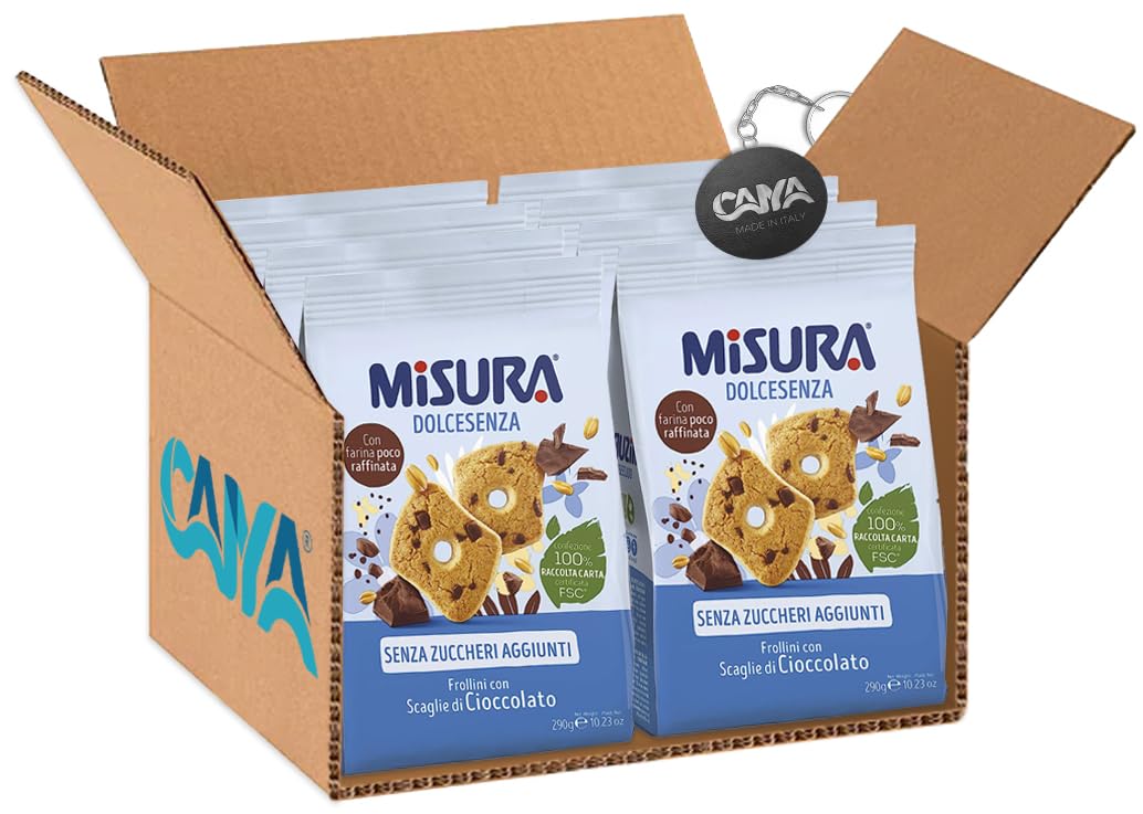 8X Misura Dolcesenza Frollini Biscotti con Scaglie di Cioccolato Senza Zuccheri Aggiunti 290g [CAIYA® BOX da 8 Confezioni]