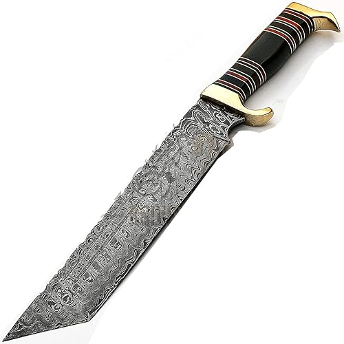 HTK-9228 Cuchillo de caza de acero de Damasco hecho a mano personalizado 15 pulgadas Buffalo Horn Handle Escalera patrón hoja con funda