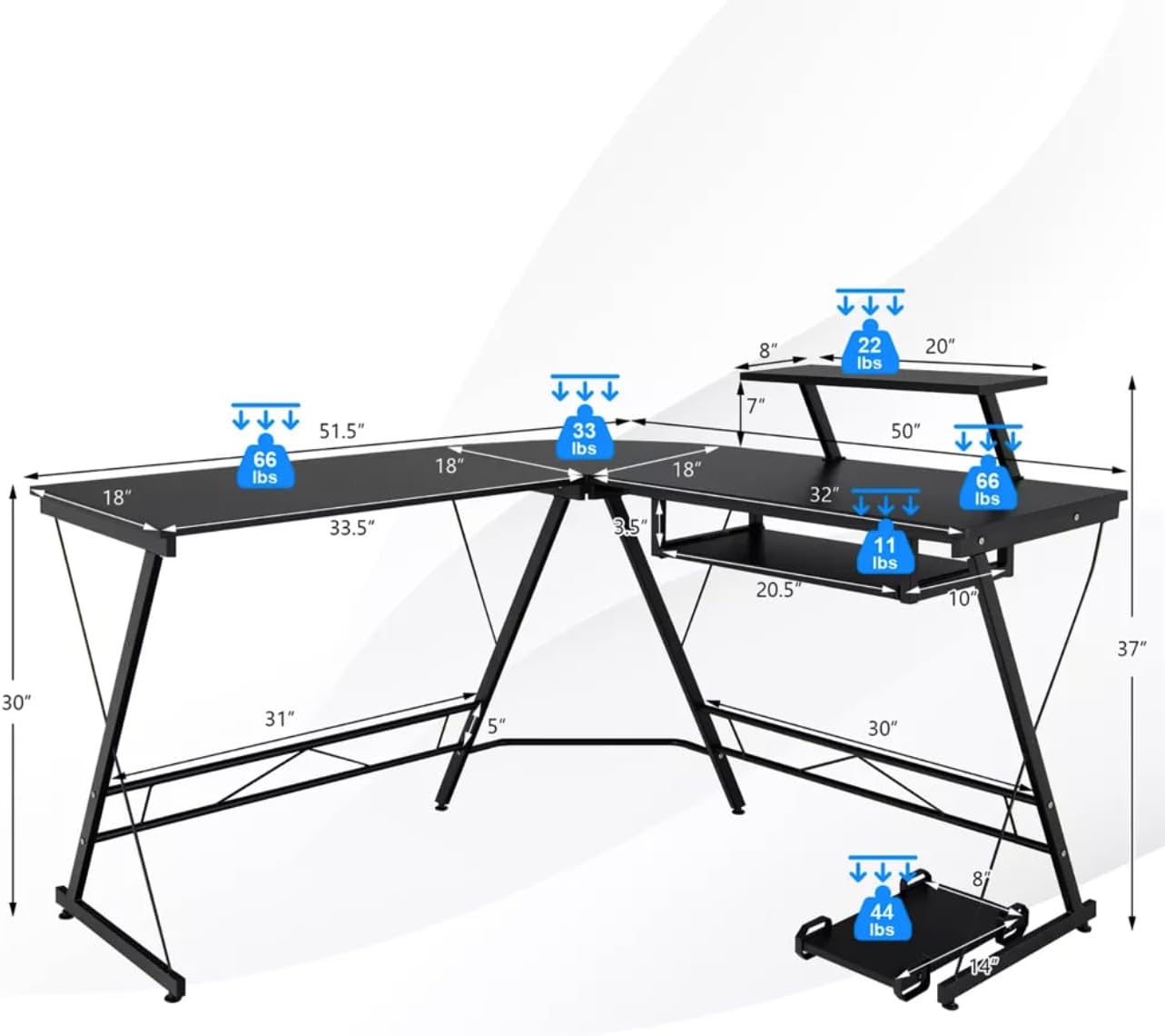 L-Shape Corner Computer Desk PC Glass Laptop Table Workstation Home Office Black