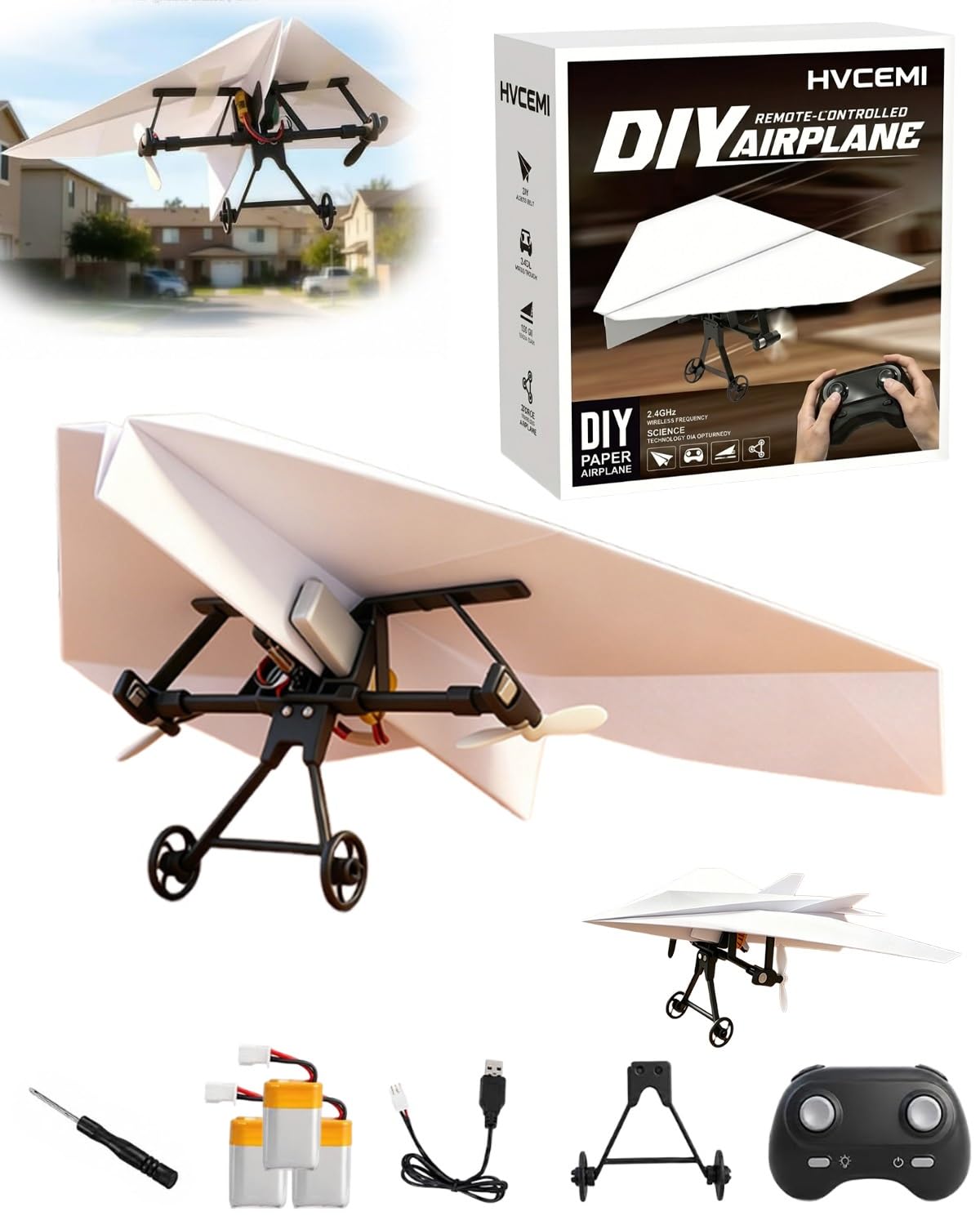 Rc Paper Airplane Motor Kit DIY Model Airplanes Launcher Construction Set with Gyro Stabilizer Dual Propellers Foldable Electric Remote Control Paper Plane Drone Stem Toy Tech Gadgets Gifts(Set 3)