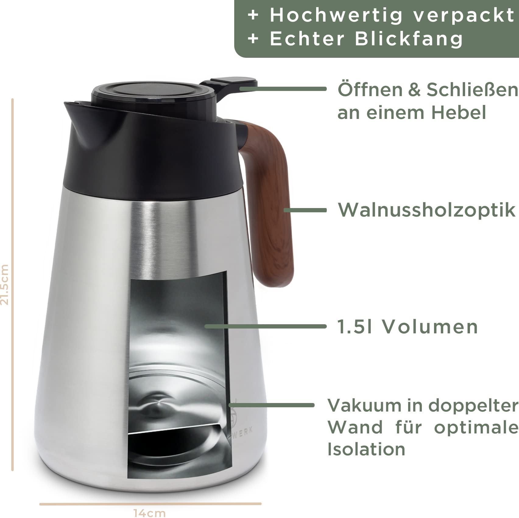 WALDWERK Thermoskanne (1,5L) - Kaffeekanne aus doppelwandigem 304 Edelstahl - Isolierkanne mit tropffreiem Ausguss - Kaffeekanne Thermo