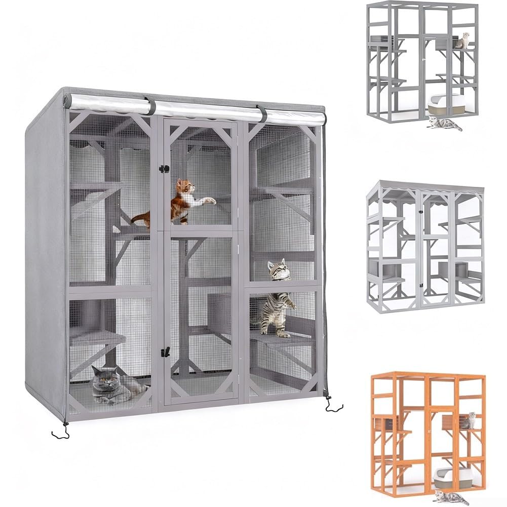 Copertura per recinto per gatti con porta arrotolabile (160 x 84 x 181 cm) | Protezione antipolvere, protegge da detriti, prolunga la durata della gabbia, resistente ai raggi UV