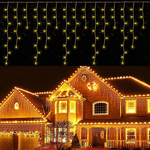 Mostop Eisregen Lichterkette außen, 10M 400 LED Lichterkette warmweiß Vorhang Lichterkette Weihnachten Eiszapfen Lichterkette mit 8 Modi, für Party, Garten, Geburtstag, Hochzeit Dekorationen Cover