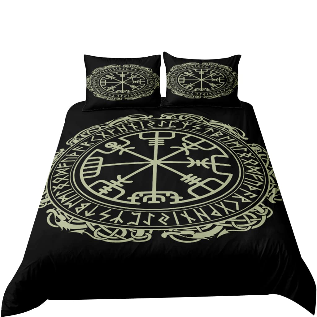 Parure de Lit Runes Vikings Noir Housse Anti-Plis Lit Ados et Adultes Boussole Vegvisir