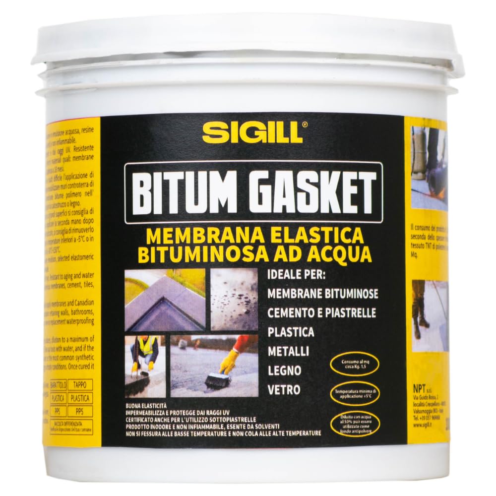 Sigill - Bitum Gasket Membrana Elastica, Fustino da 5 kg, Impermeabilizzante Bituminoso Multiuso, Applicazione Facile, Aderenza Versatile, Ideale per Coperture e Riparazioni
