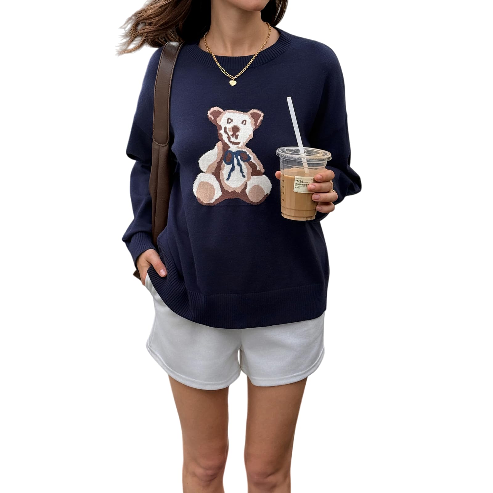 Womens Bear Pattern Sweater Loose Fit Knit Top with Ribbed Cuffs for Casual Comfort and Cute Style