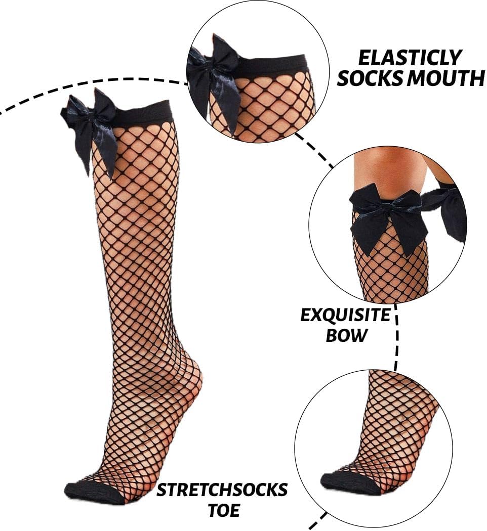 Fishnet Knee High Stockings Sexy Black Lace Trim Mesh Stockings Fashionable Thigh High Socks Cosplay Party for Women 2 Pairs - Image 4