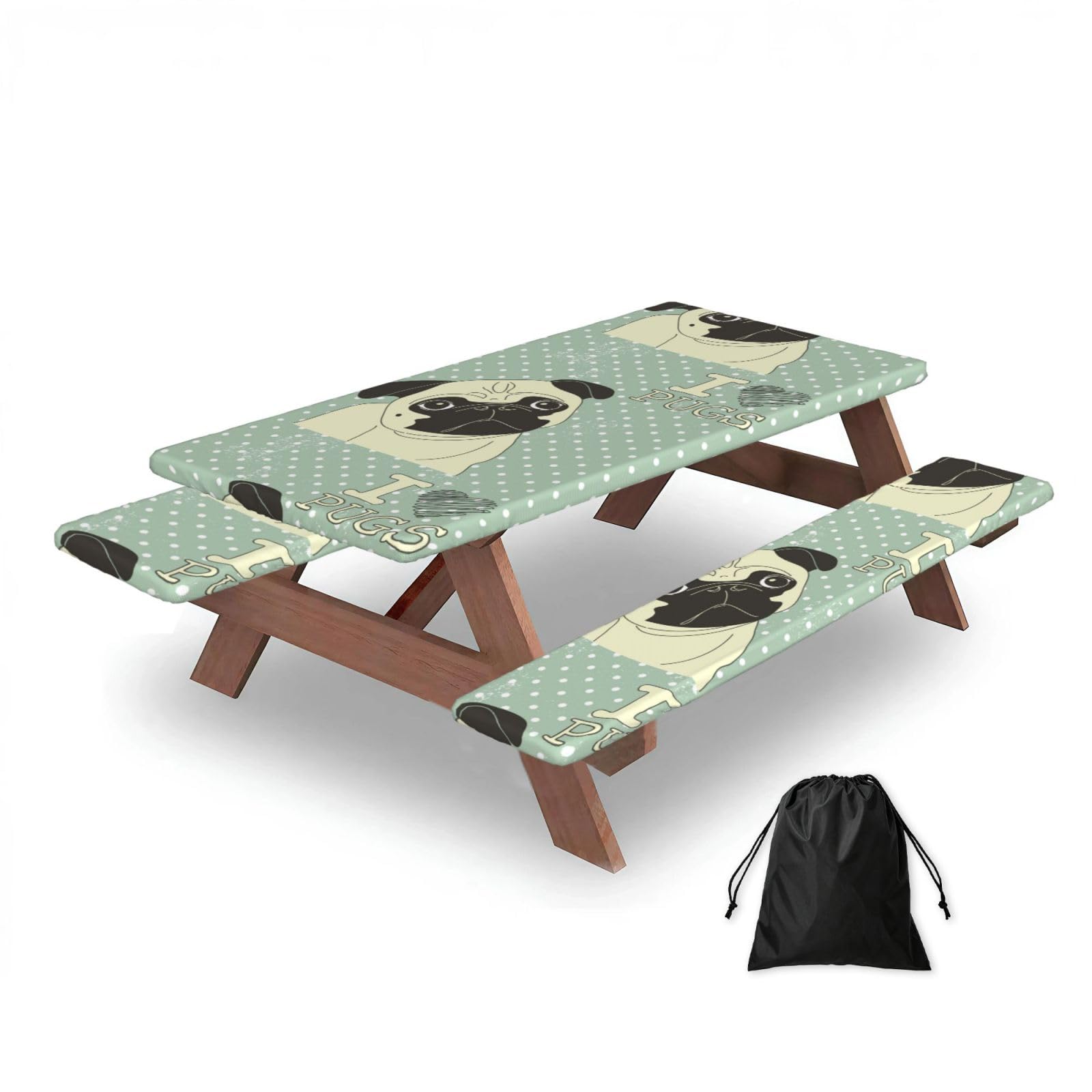 I Love Pugs, Picnic Table Cover With Bench Covers -Waterproof Elastic Fitted Tablecloth for Garden Camping Patio 76x152cm