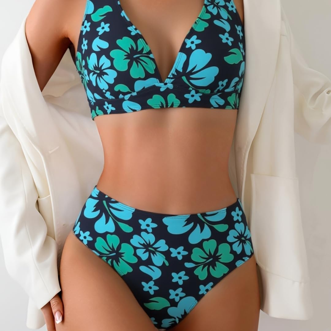 Bikini Mujer Mujeres Floral Impresión Set Dos Piezas Halter Traje De Baño Playa-Blue-s