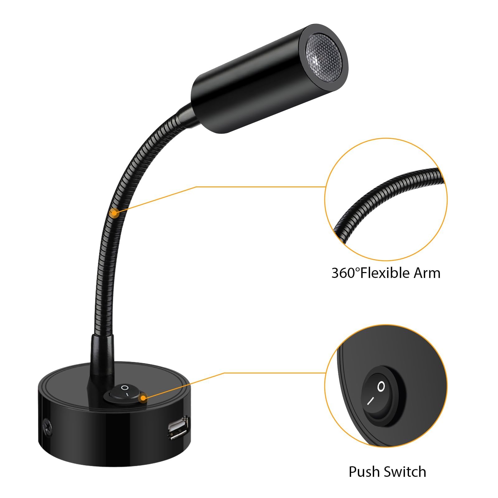 ERWEY 2pcs Lampes de Lecture LED 12V pour camping-car avec col de cygne flexible et port de charge USB 3000K blanc chaud DC 10-30V éclairage intérieur pour bateau caravane yacht, noir