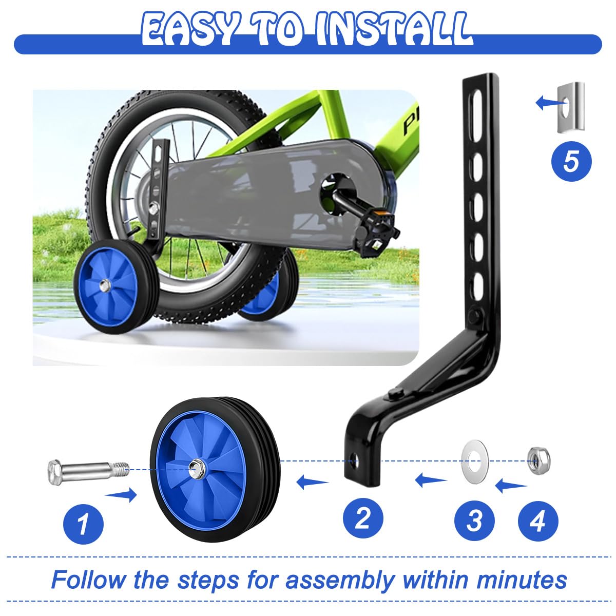1 Paia Ruote Ausiliarie per Biciclette per Bambini, Rotelle Bicicletta Universali, Rotelle Regolabili Laterali per Biciclettas, Training Wheels per 12-20 Pollici Biciclettas (Blu) - 5