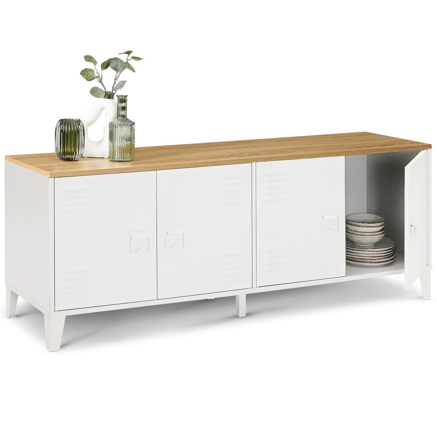 IDMarket - Buffet Bas 140 cm Ester 4 Portes métal Blanc Plateau Bois Design Industriel