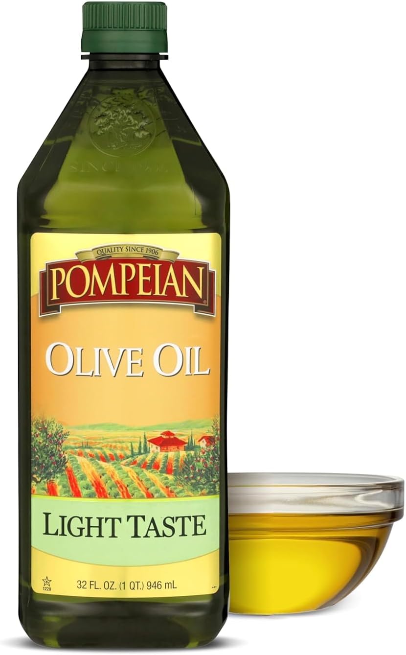 Pompeian Light Taste Olive Oil - 32 Fl Oz - Olive Oil for High Heat Cooking - Light Flavor for Baking and Sauteing - High Smoke Point