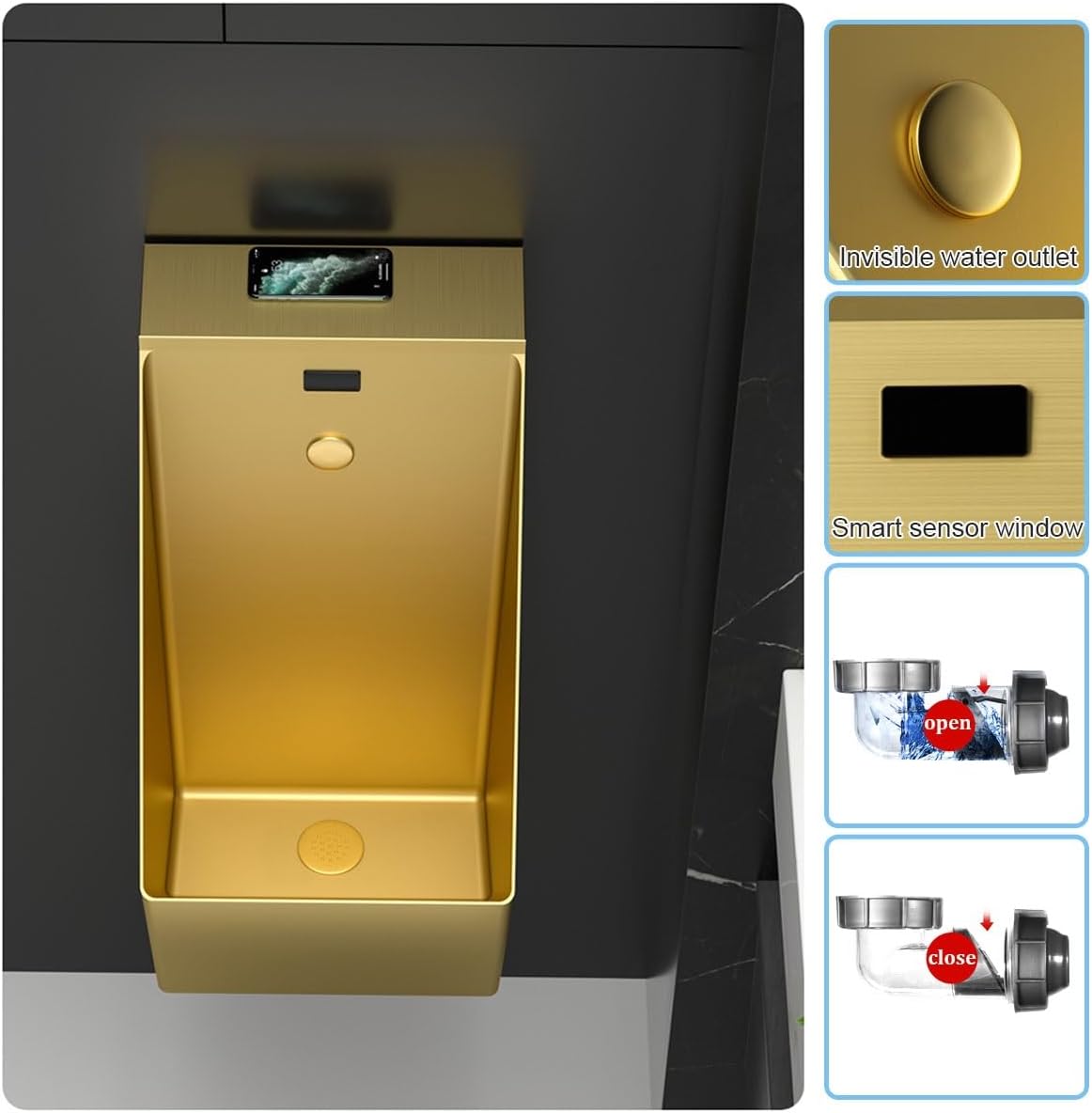 304 Stainless Steel Commercial Wall-Mounted Urinal with Distance Detection, Men's Intelligent Flush Splash Proof Urinal, for KTV Prison Bar Bathroom Hotel Shop Garage(Black)