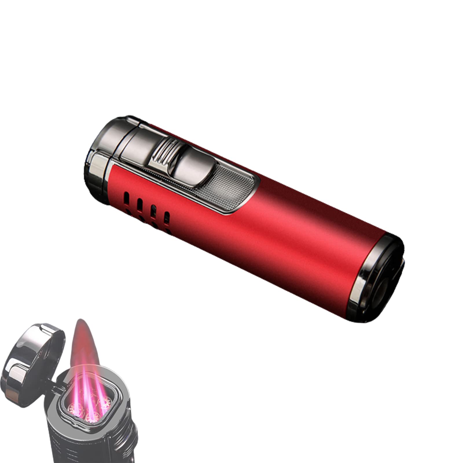 Generic Briquet Gonflable en Métal Cylindrique 4 Jet Flamme Rouge Rechargeable Butane Briquet Cigarette Allume-Cigare Accessoires Fumeurs pour Hommes,Red