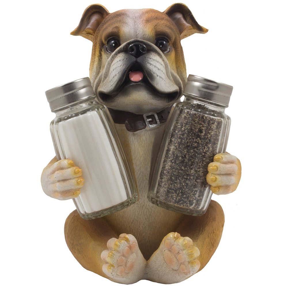 Bulldog - Juego de salero y pimentero con soporte decorativo para exhibición de especias, para cachorros y perros, decoración de cocina o decoración de mesa de bar como regalo de inauguración de la casa para los amantes de las mascotas