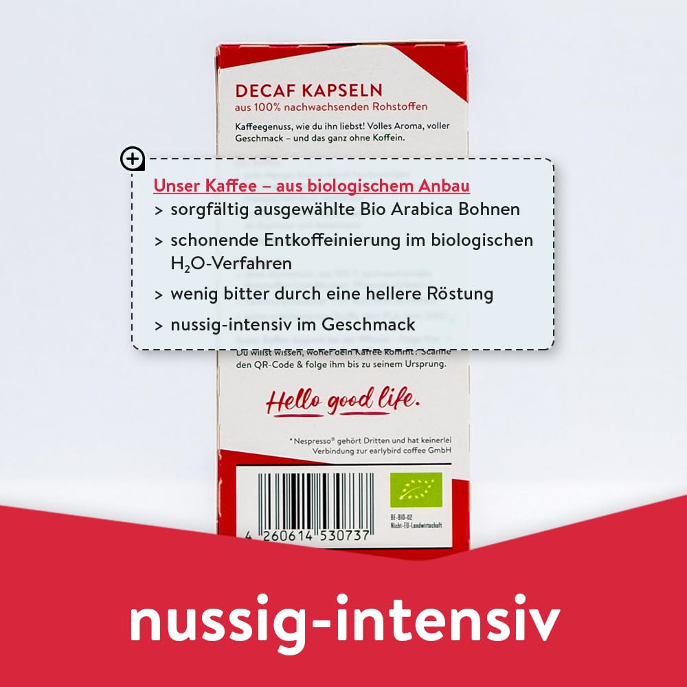 earlybird coffee – Bio Decaf Kaffeekapseln 100 Stück Vorratspack – kompatibel mit Nespresso, nussig-intensiv, heimkompostierbar – aluminiumfreie Bio Kapseln – schonend entkoffeiniert im H₂O-Verfahren