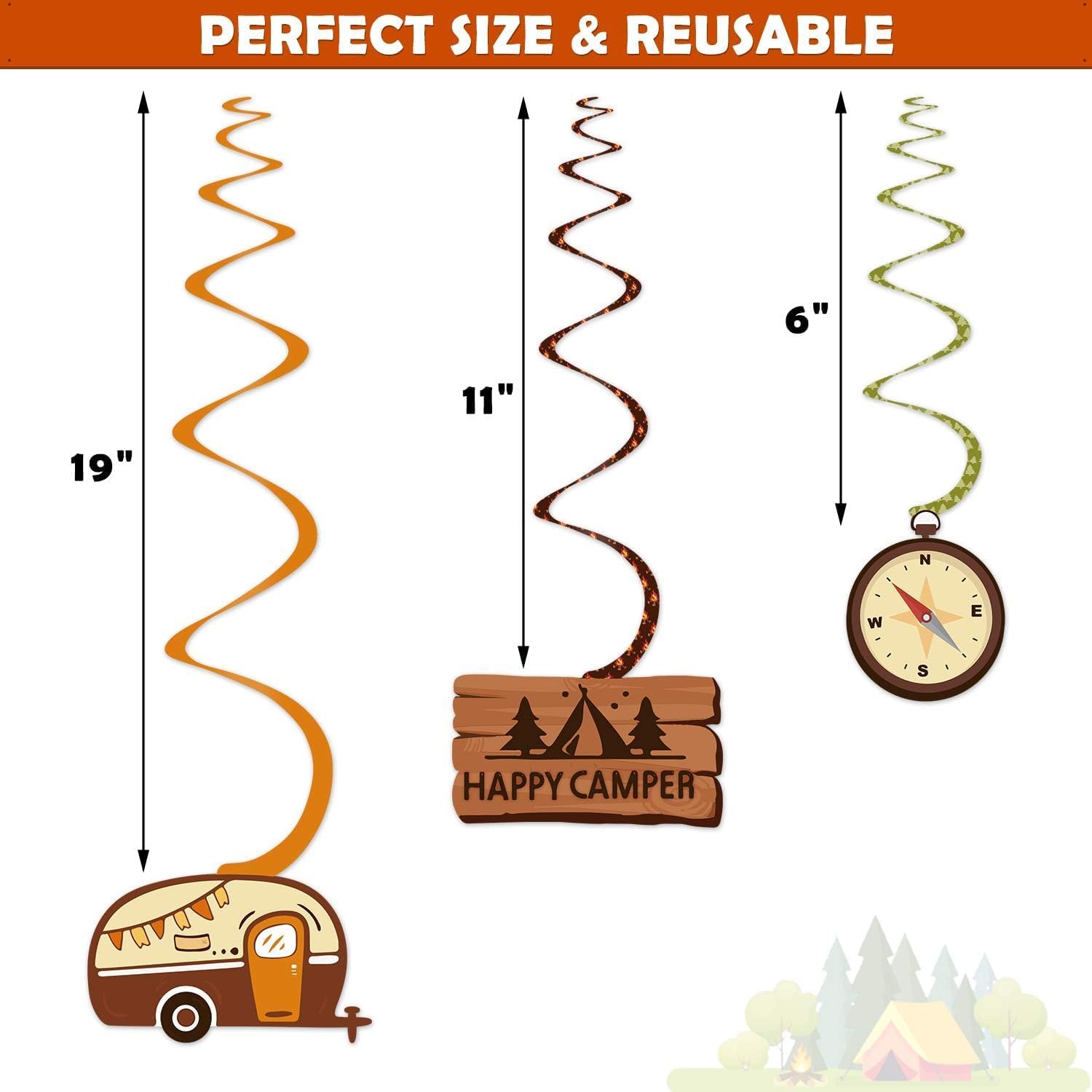 Levfla 30PCS Happy Camper Hanging Swirls Party Supplies Camping Decor | Birthday Decorations with Tent Cutouts S'Mores Signs Photo Props for Adventure Party Family Summer Camp Day