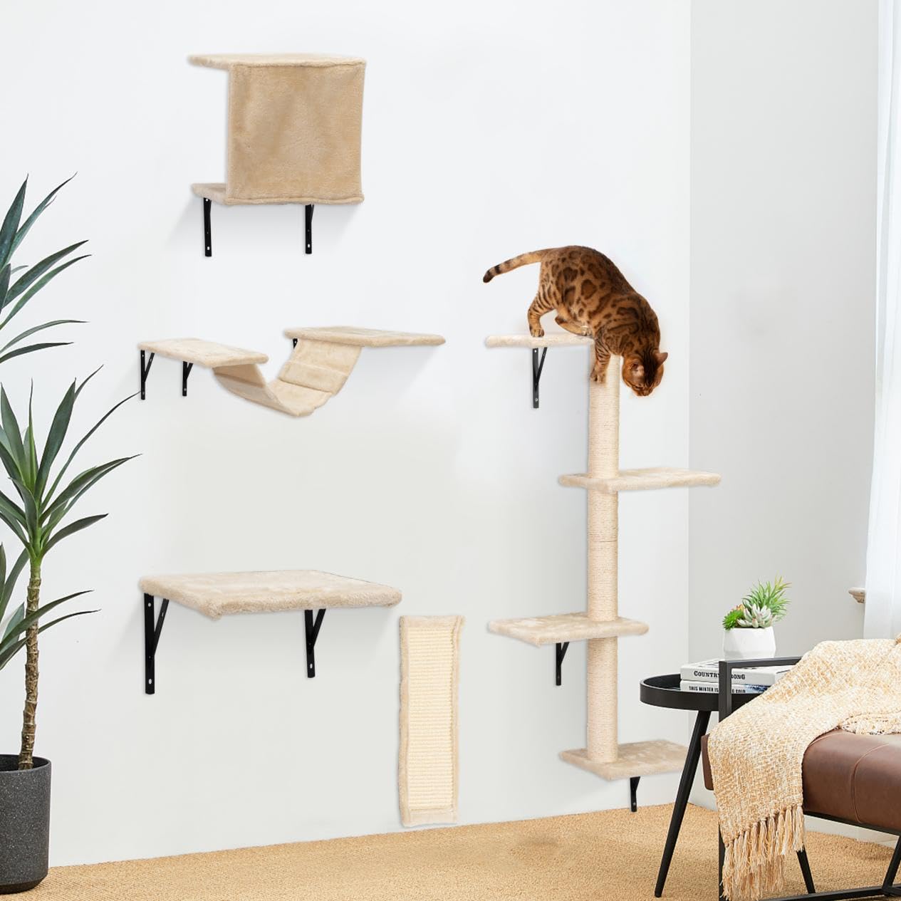 Katzen Kletterwand Set 5-teilig – Wandmontierte Katzenwand mit Katzenhaus, Katzenbrücke & Kratzbrett, Platzsparende Kletterwand Katzen für Wohnung, n, Katzenbrücke (beige)