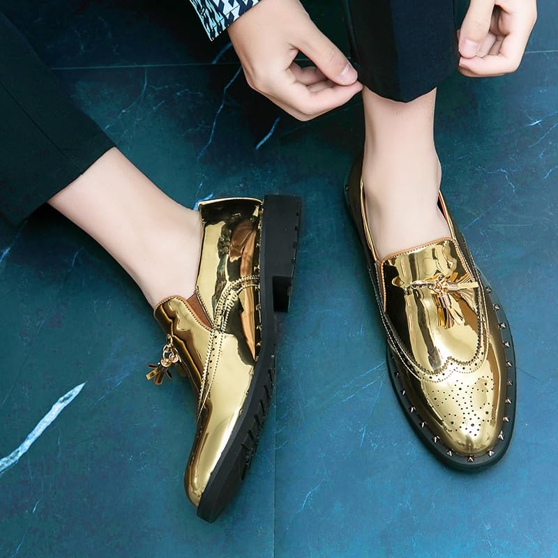 Fashion Golden Men Shoes Stage Performance Shiny Shoes Pointed Toe Leather Shoes Male Brogue Barber Shoes Mans3