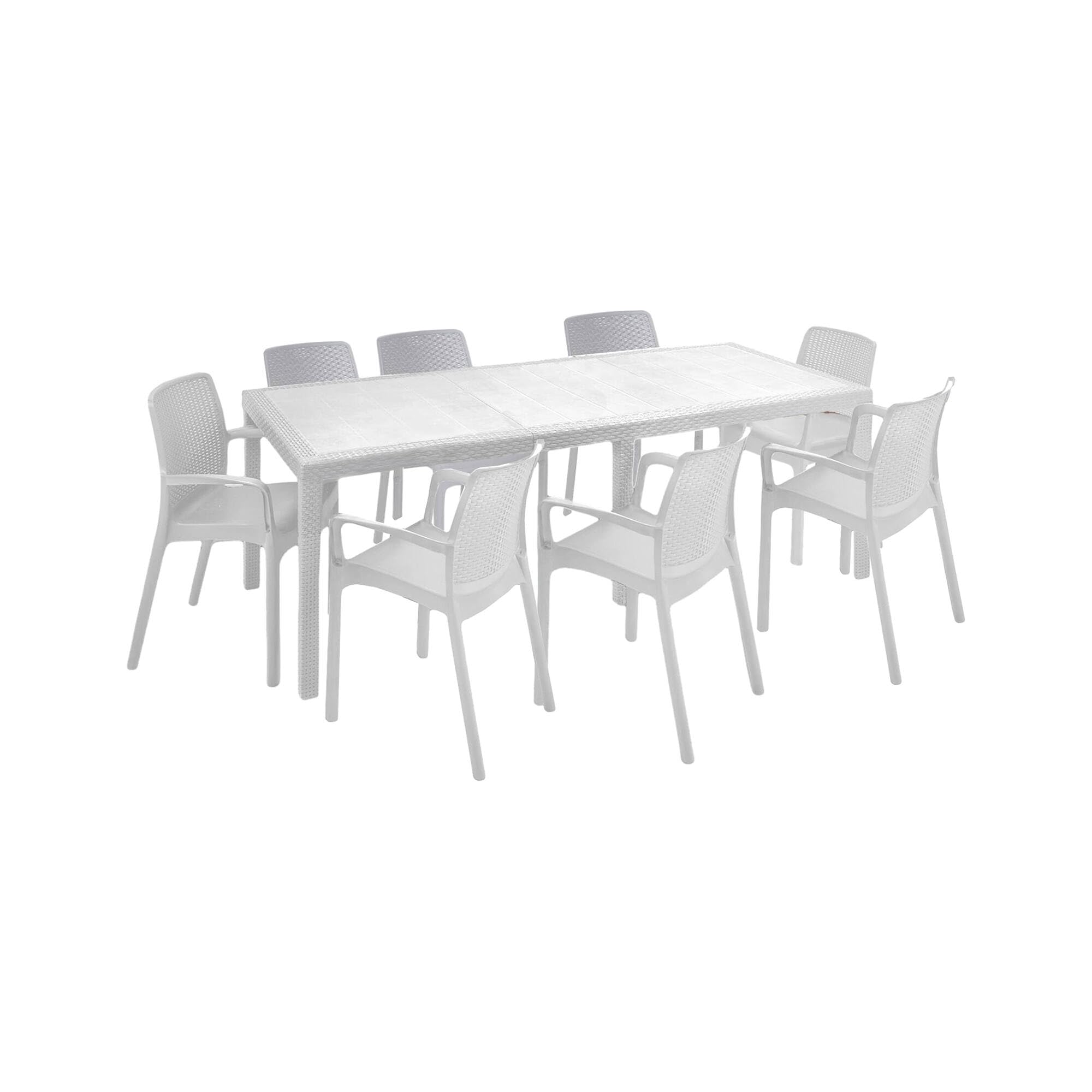 Dmora - Set Salotto da Esterno Manarola, Salottino Outdoor, Tavolo Rettangolare allungabile con 8 sedie con braccioli, Made in Italy, Bianco