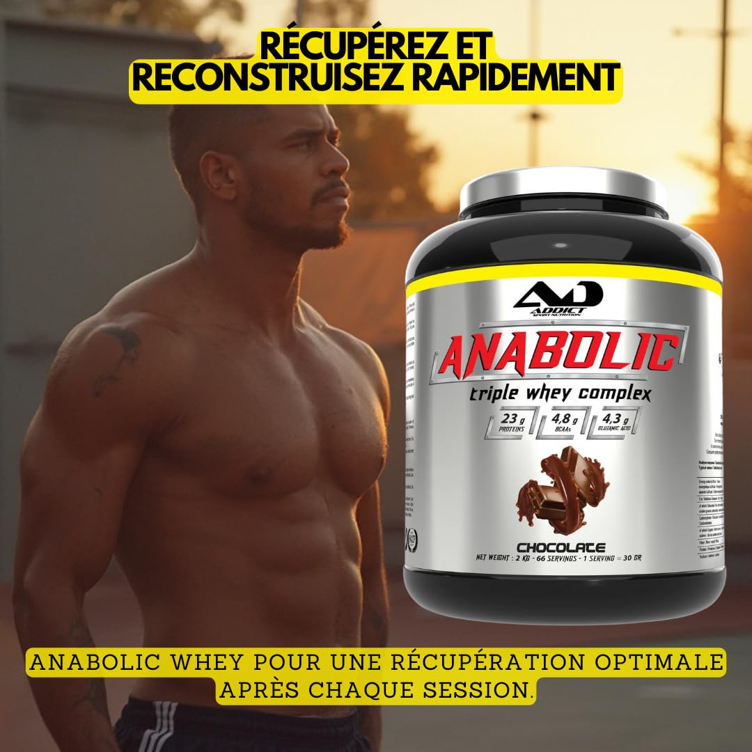 Addict sport nutrition - Anabolic whey - Protéine de lactosérum concentrée, isolée et hydrolysée - Protéine pure - BCAA - Glutamine - Croissance musculaire et récupération - 1kg - Cookie N'cream